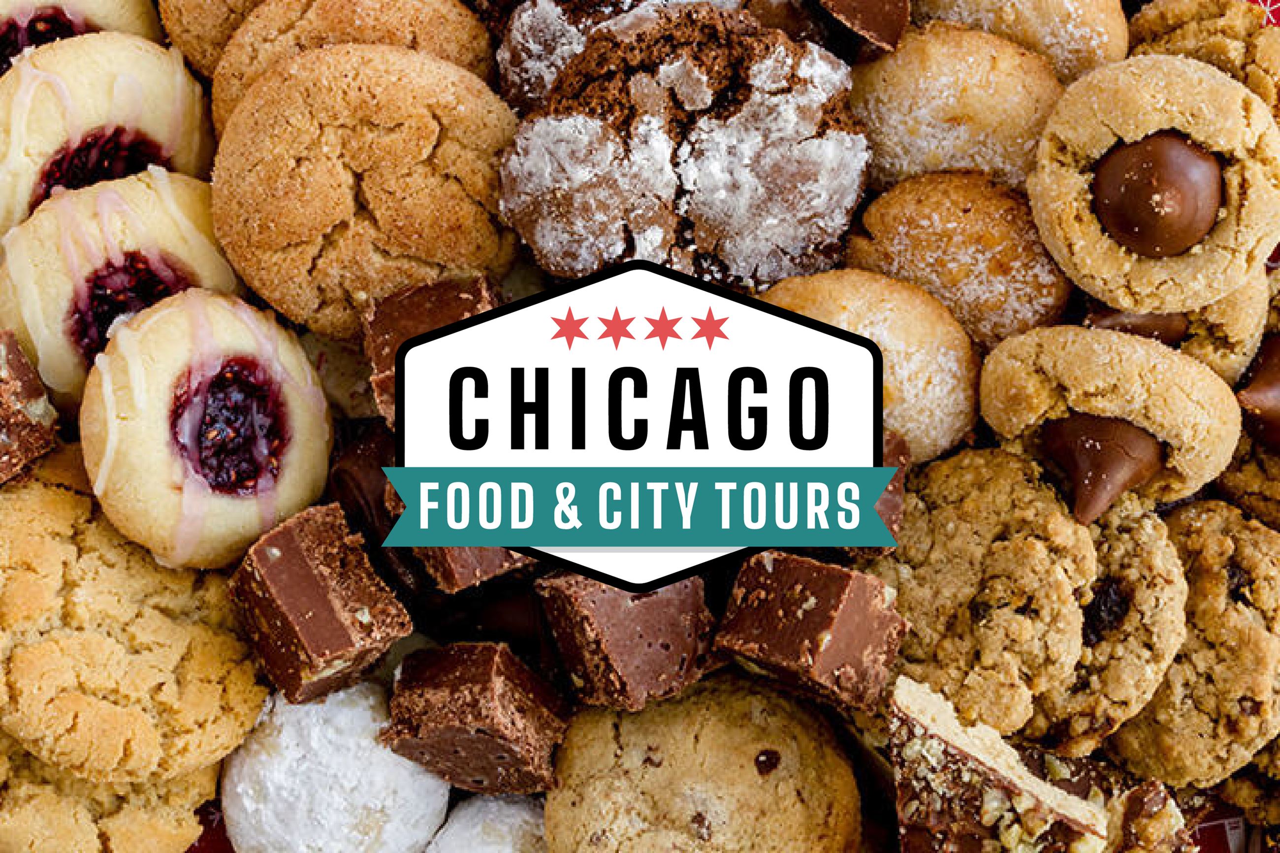 Close up of pastries with the Chicago food & City Tours logo imposed on top