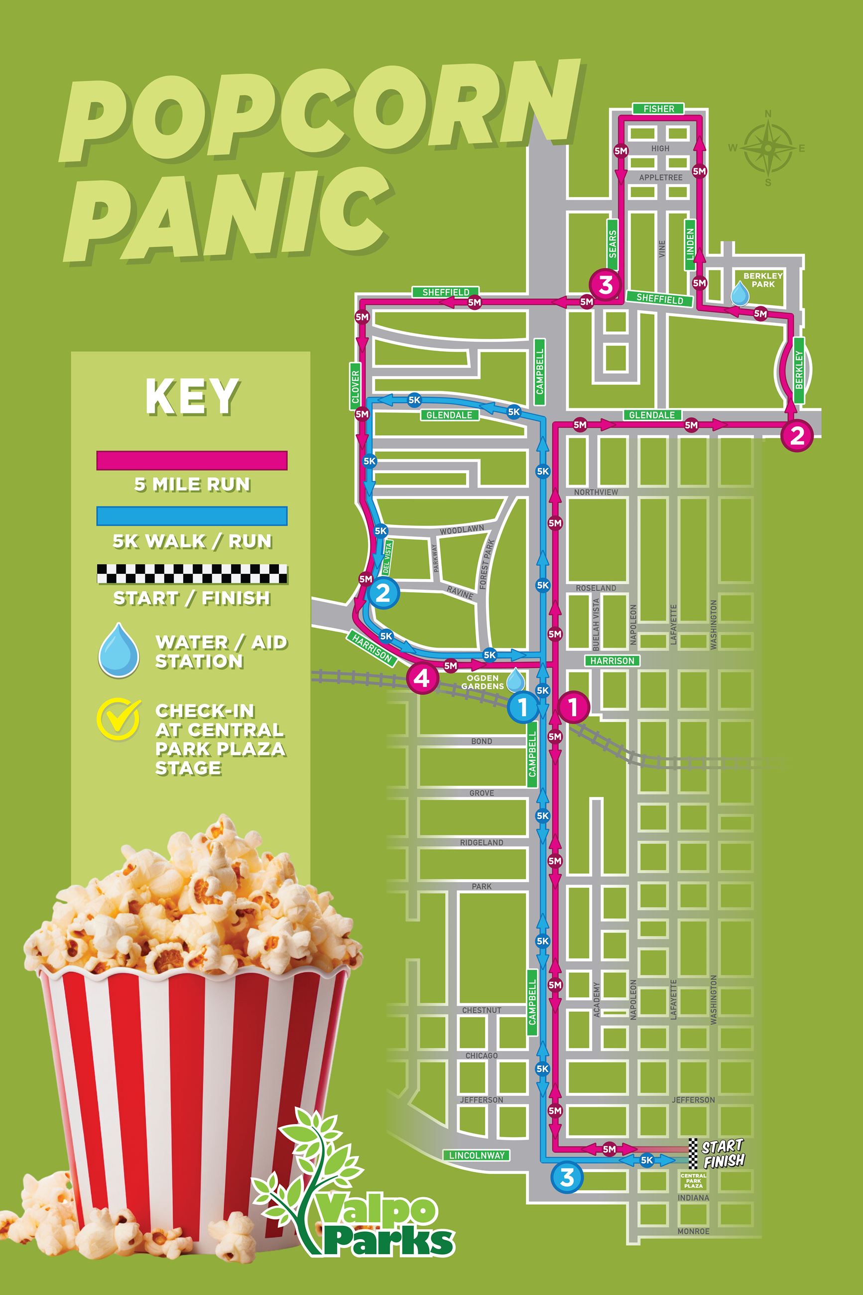 The route for Popcorn Panic on a map, with a key identifying the routes and other key areas